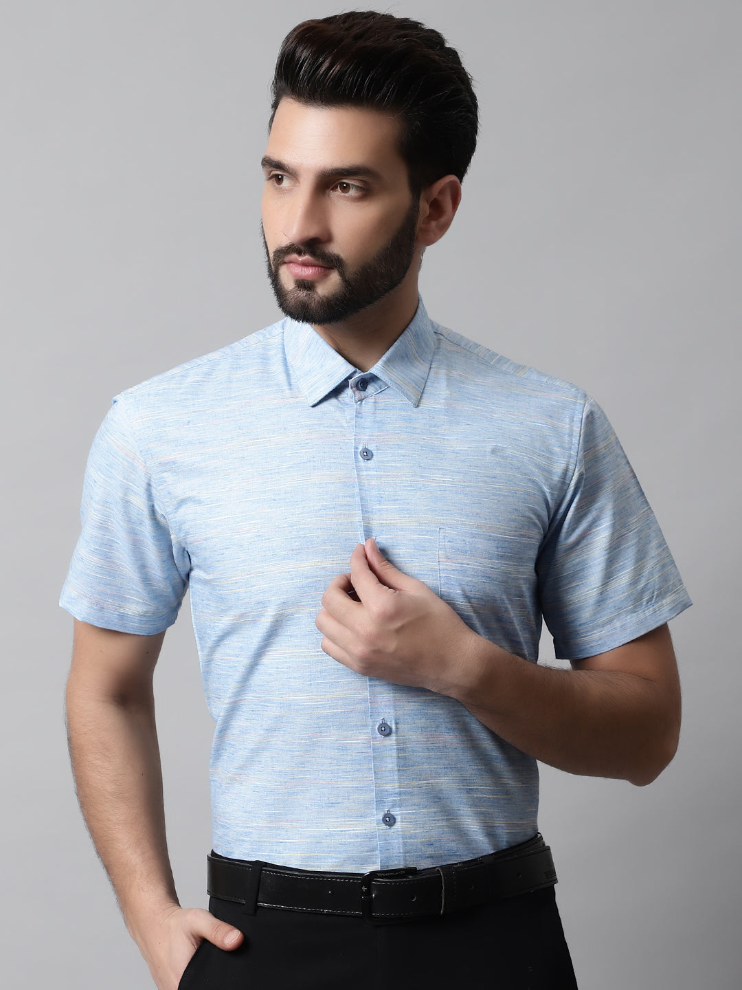 Jainish Men's Blue Woven Design Short Sleeves Formal Shirt | Grocsy