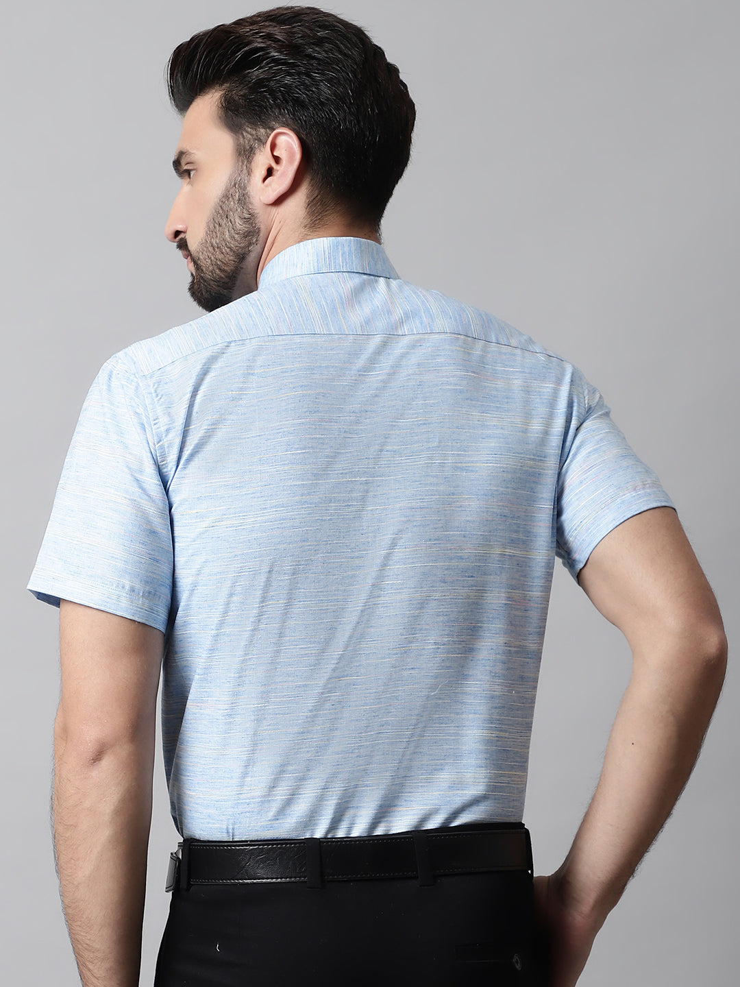 Jainish Men's Blue Woven Design Short Sleeves Formal Shirt | Grocsy