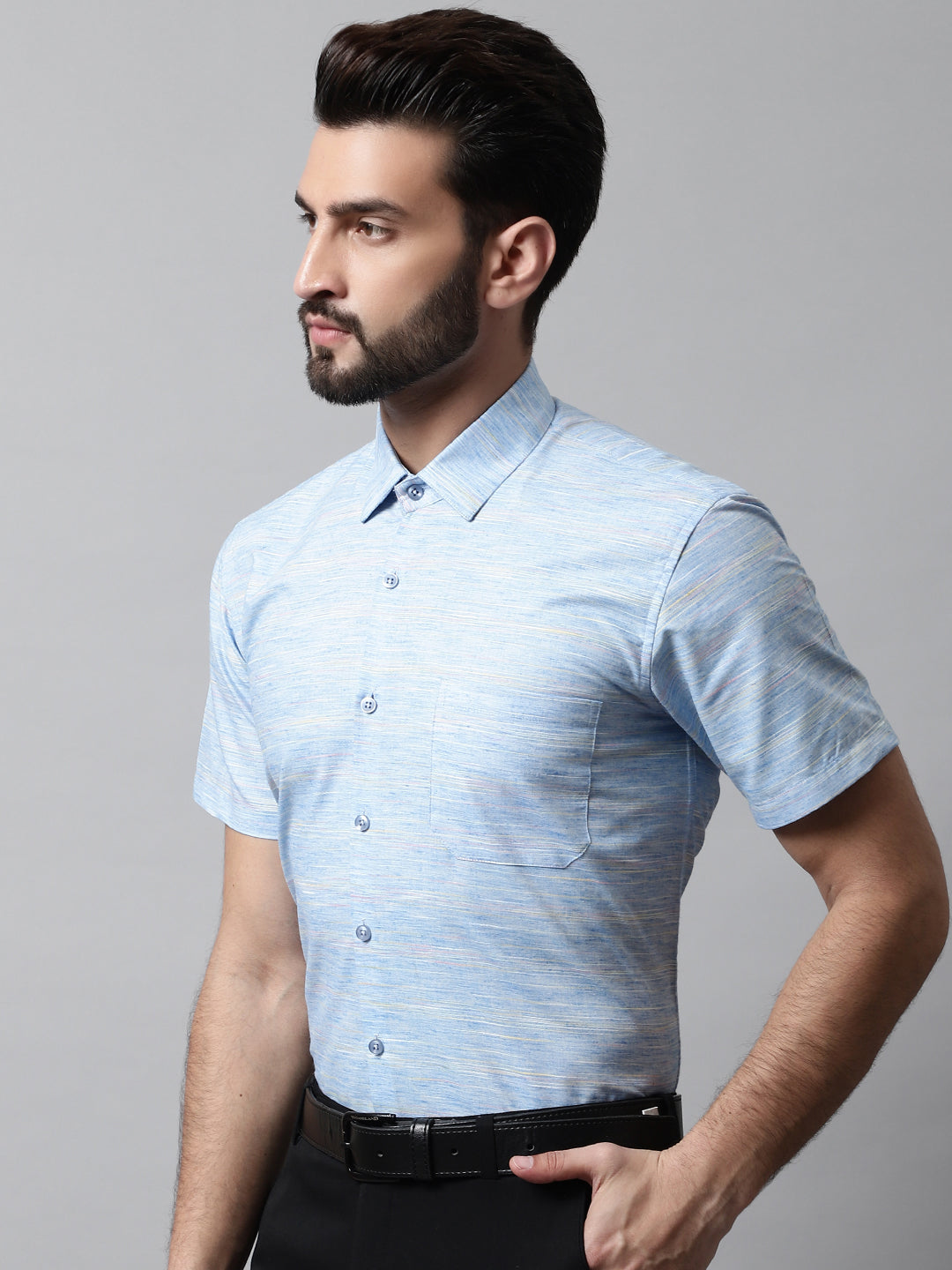 Jainish Men's Blue Woven Design Short Sleeves Formal Shirt | Grocsy