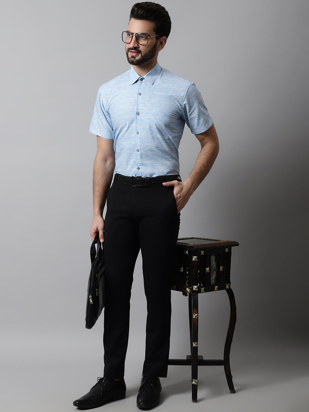 Jainish Men's Blue Woven Design Short Sleeves Formal Shirt | Grocsy