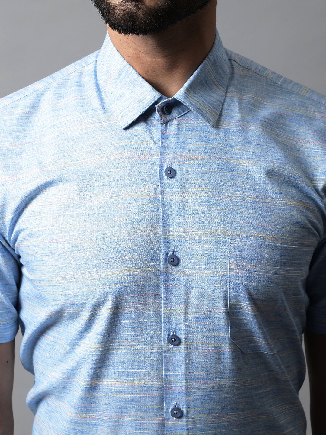 Jainish Men's Blue Woven Design Short Sleeves Formal Shirt | Grocsy