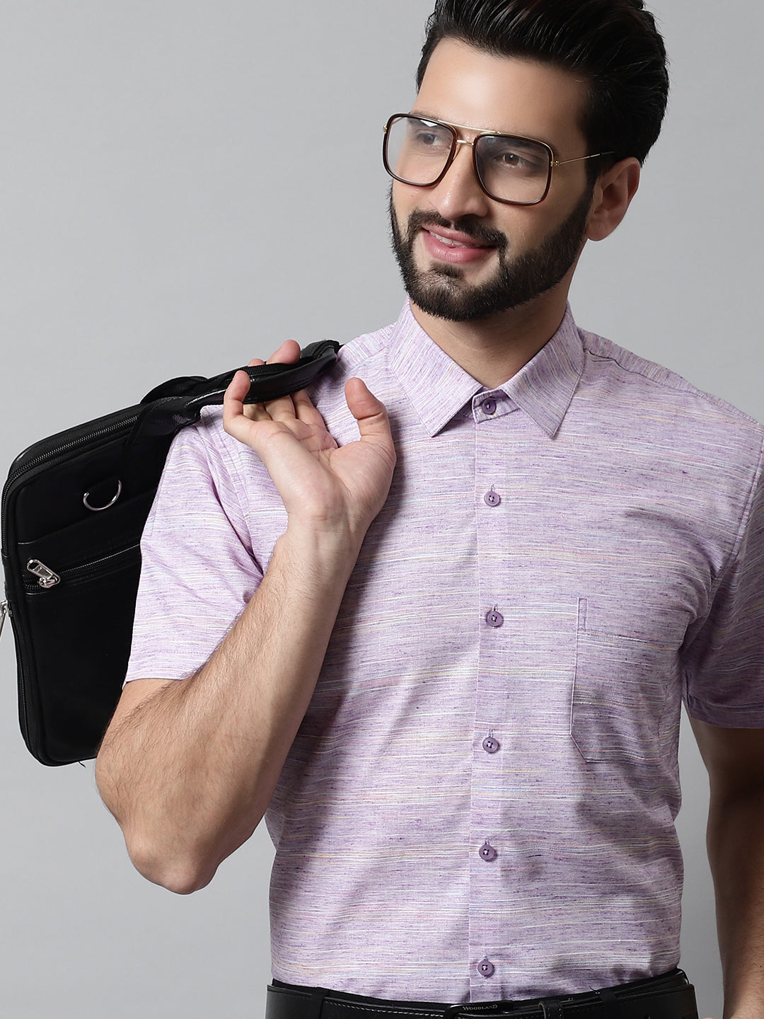 Jainish Men's Purple Woven Design Short Sleeves Formal Shirt | Grocsy