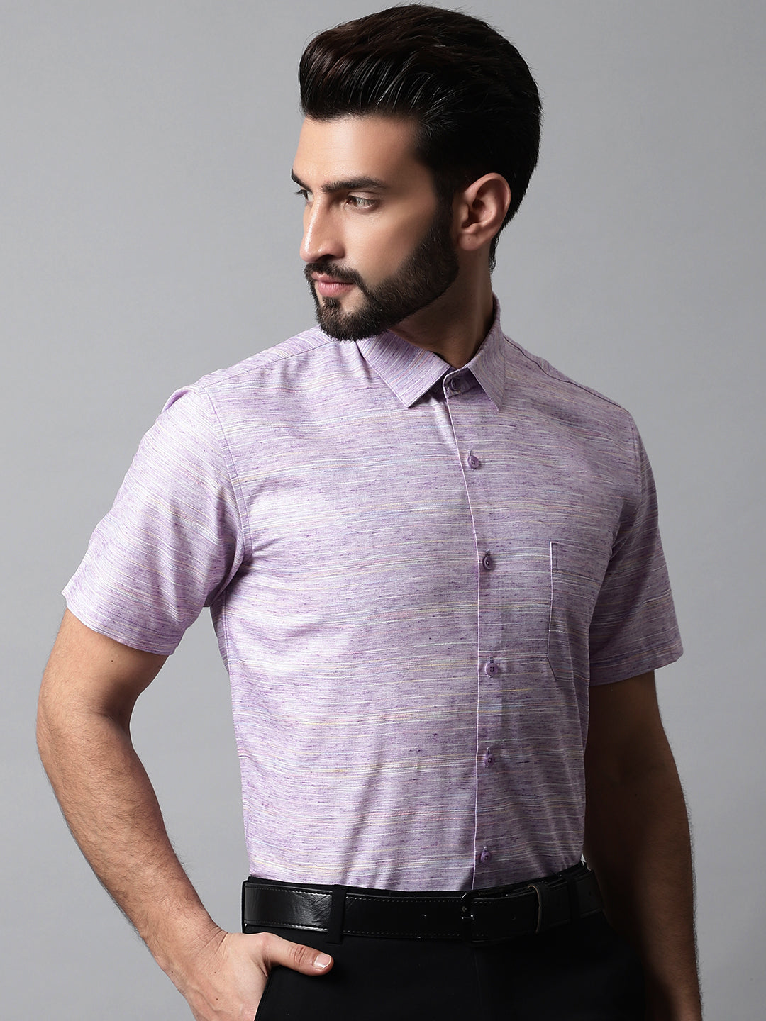 Jainish Men's Purple Woven Design Short Sleeves Formal Shirt | Grocsy