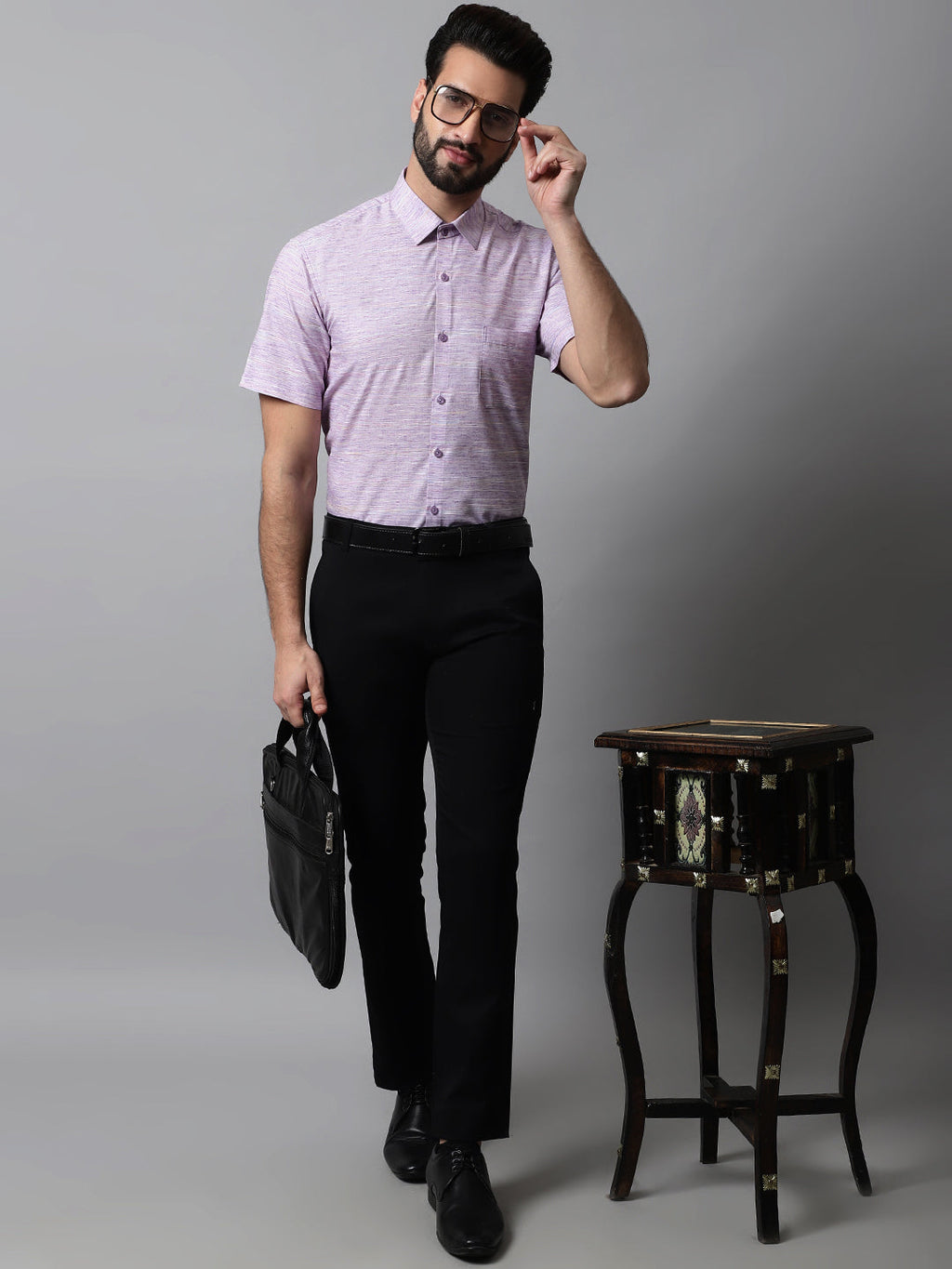 Jainish Men's Purple Woven Design Short Sleeves Formal Shirt | Grocsy