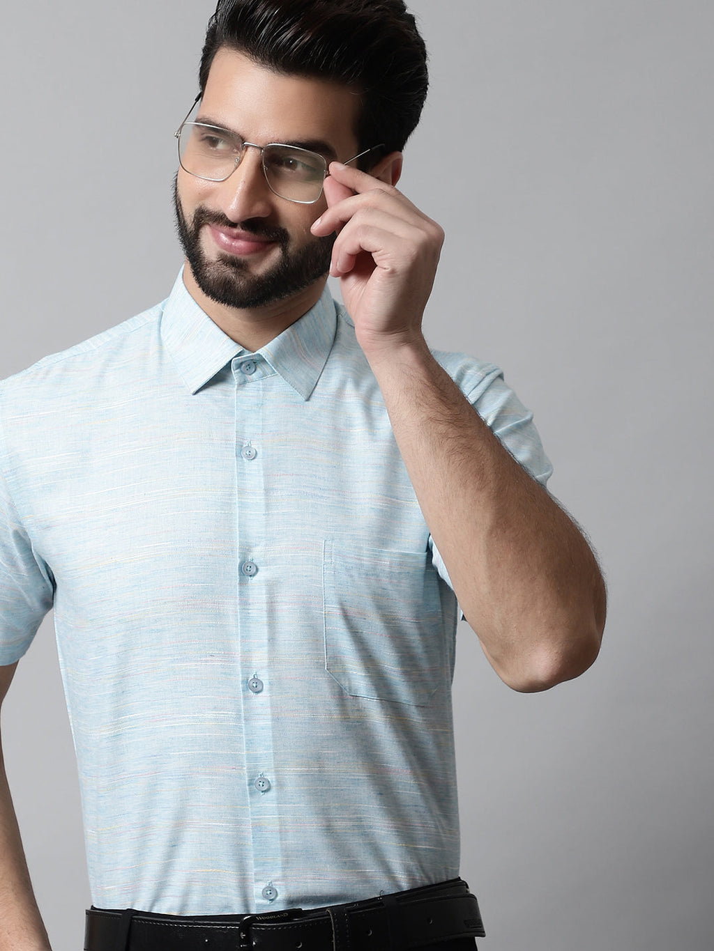 Jainish Men's Sky Blue Woven Design Short Sleeves Formal Shirt | Grocsy