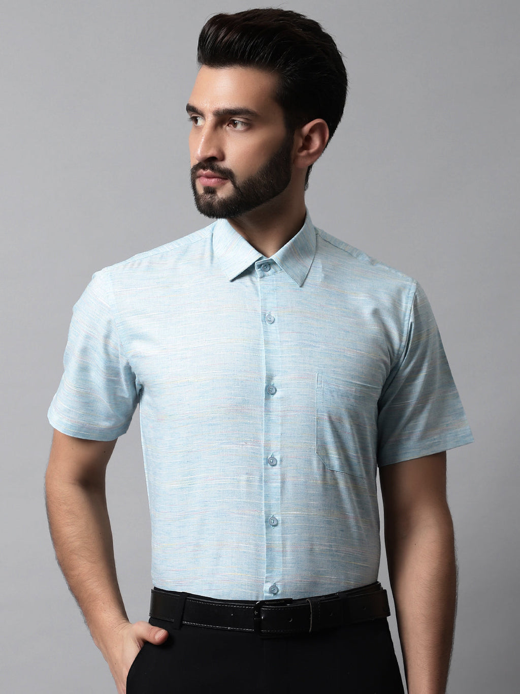 Jainish Men's Sky Blue Woven Design Short Sleeves Formal Shirt | Grocsy