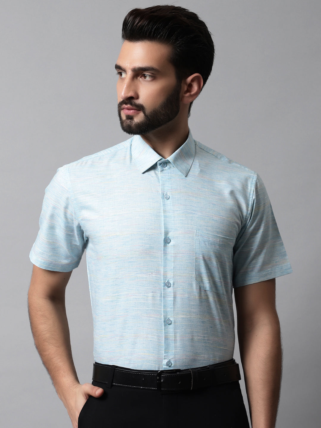 Jainish Men's Sky Blue Woven Design Short Sleeves Formal Shirt | Grocsy
