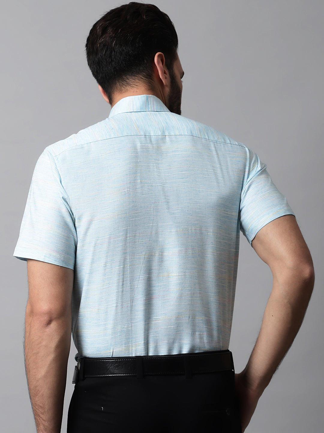 Jainish Men's Sky Blue Woven Design Short Sleeves Formal Shirt | Grocsy