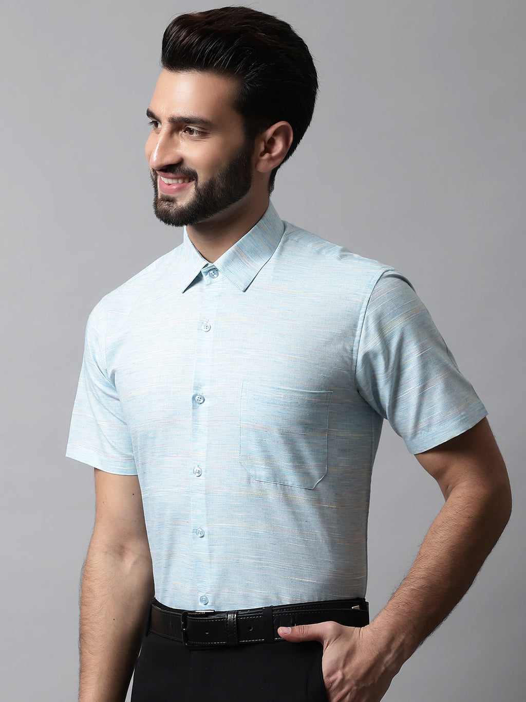 Jainish Men's Sky Blue Woven Design Short Sleeves Formal Shirt | Grocsy