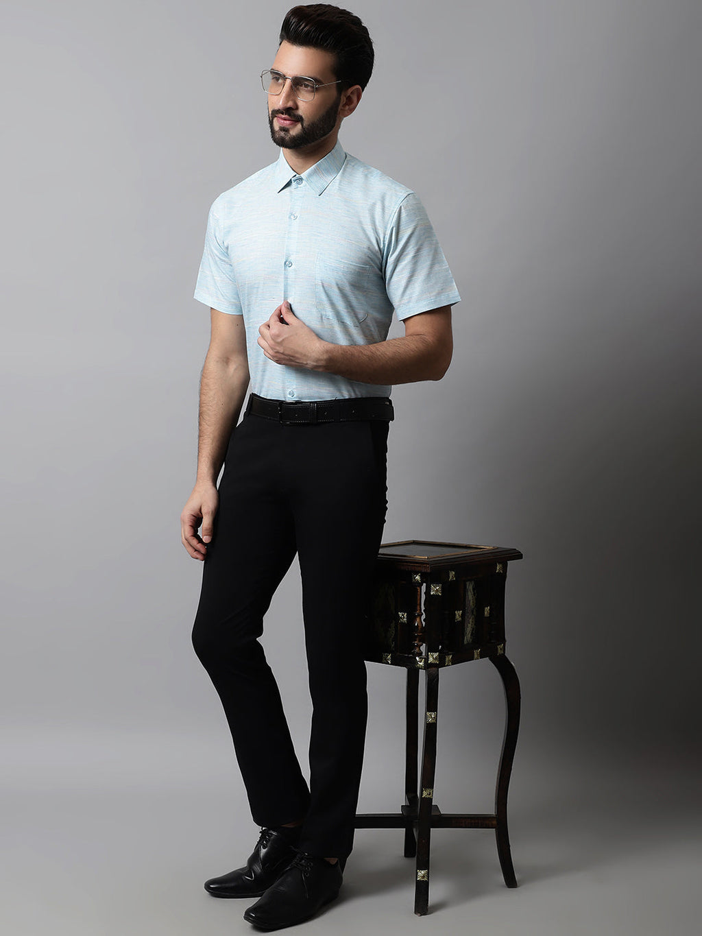 Jainish Men's Sky Blue Woven Design Short Sleeves Formal Shirt | Grocsy