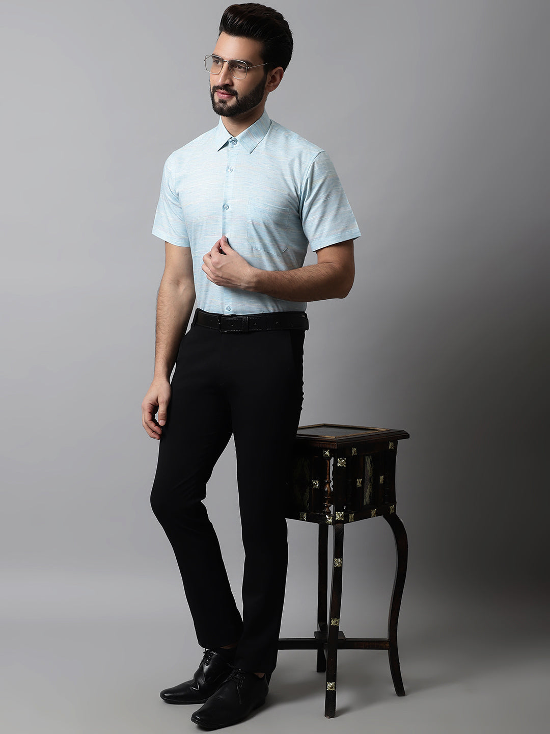 Jainish Men's Sky Blue Woven Design Short Sleeves Formal Shirt | Grocsy