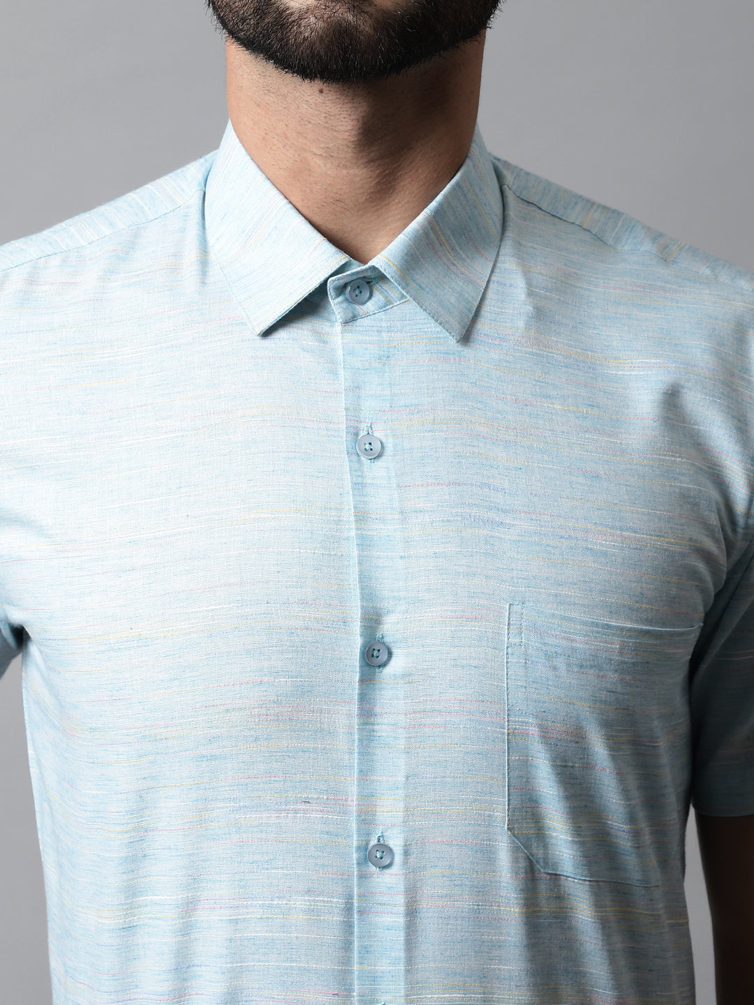 Jainish Men's Sky Blue Woven Design Short Sleeves Formal Shirt | Grocsy