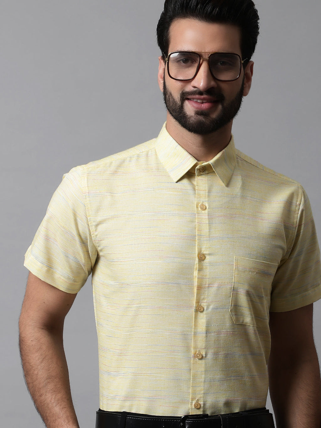 Jainish Men's Yellow Woven Design Short Sleeves Formal Shirt | Grocsy