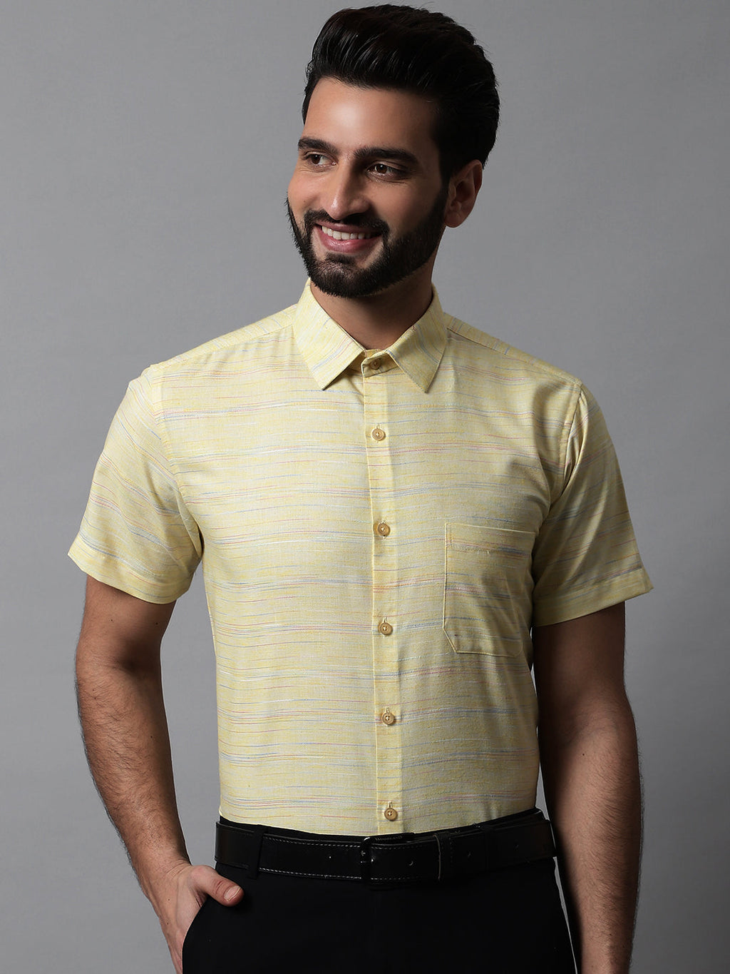 Jainish Men's Yellow Woven Design Short Sleeves Formal Shirt | Grocsy