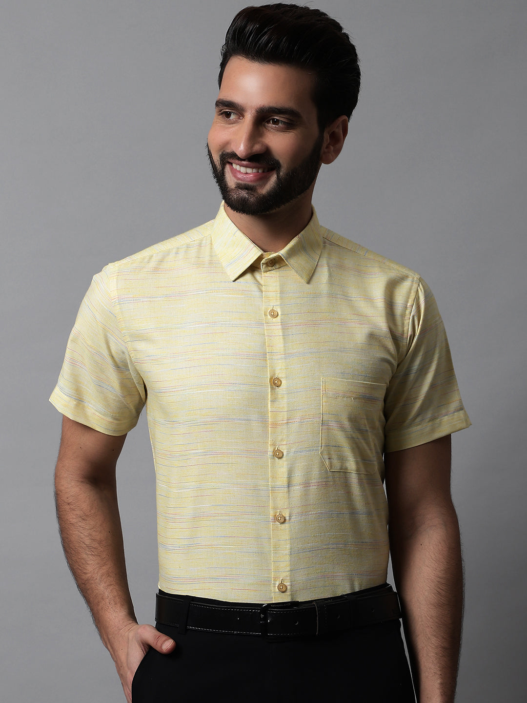 Jainish Men's Yellow Woven Design Short Sleeves Formal Shirt | Grocsy