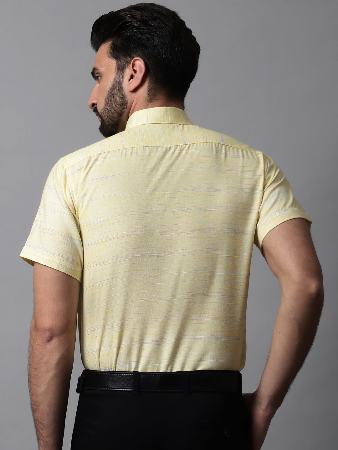 Jainish Men's Yellow Woven Design Short Sleeves Formal Shirt | Grocsy
