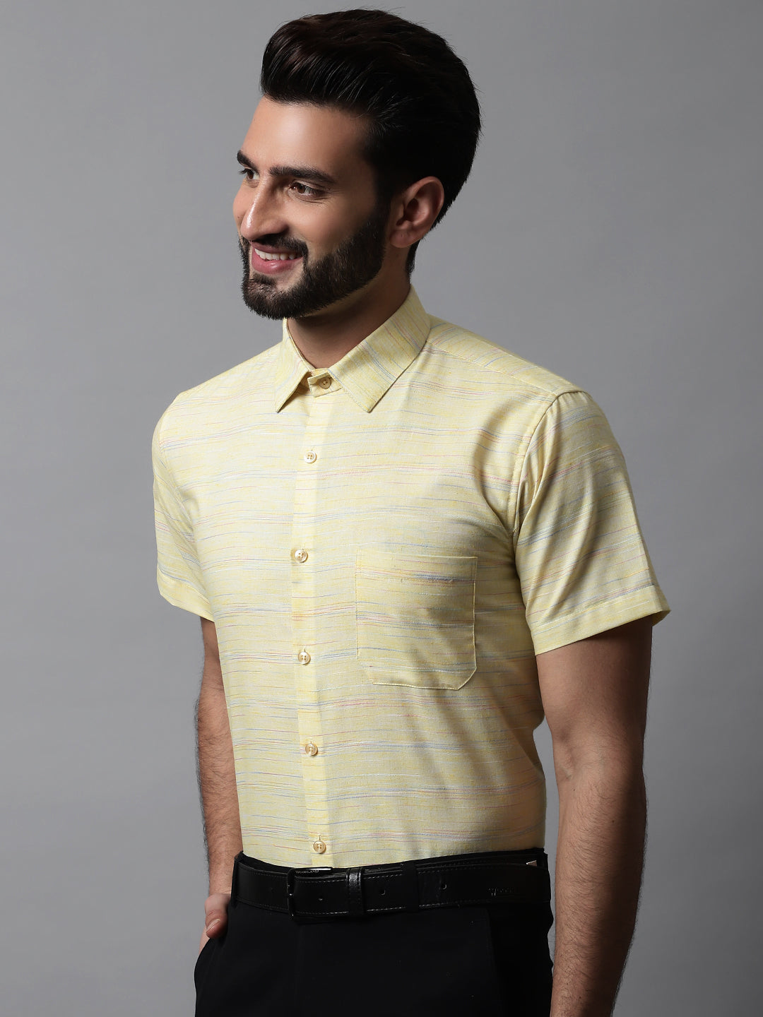 Jainish Men's Yellow Woven Design Short Sleeves Formal Shirt | Grocsy