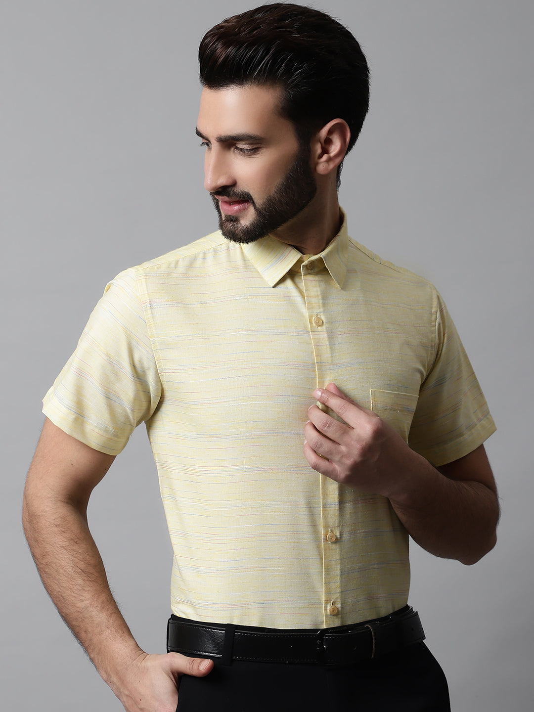 Jainish Men's Yellow Woven Design Short Sleeves Formal Shirt | Grocsy