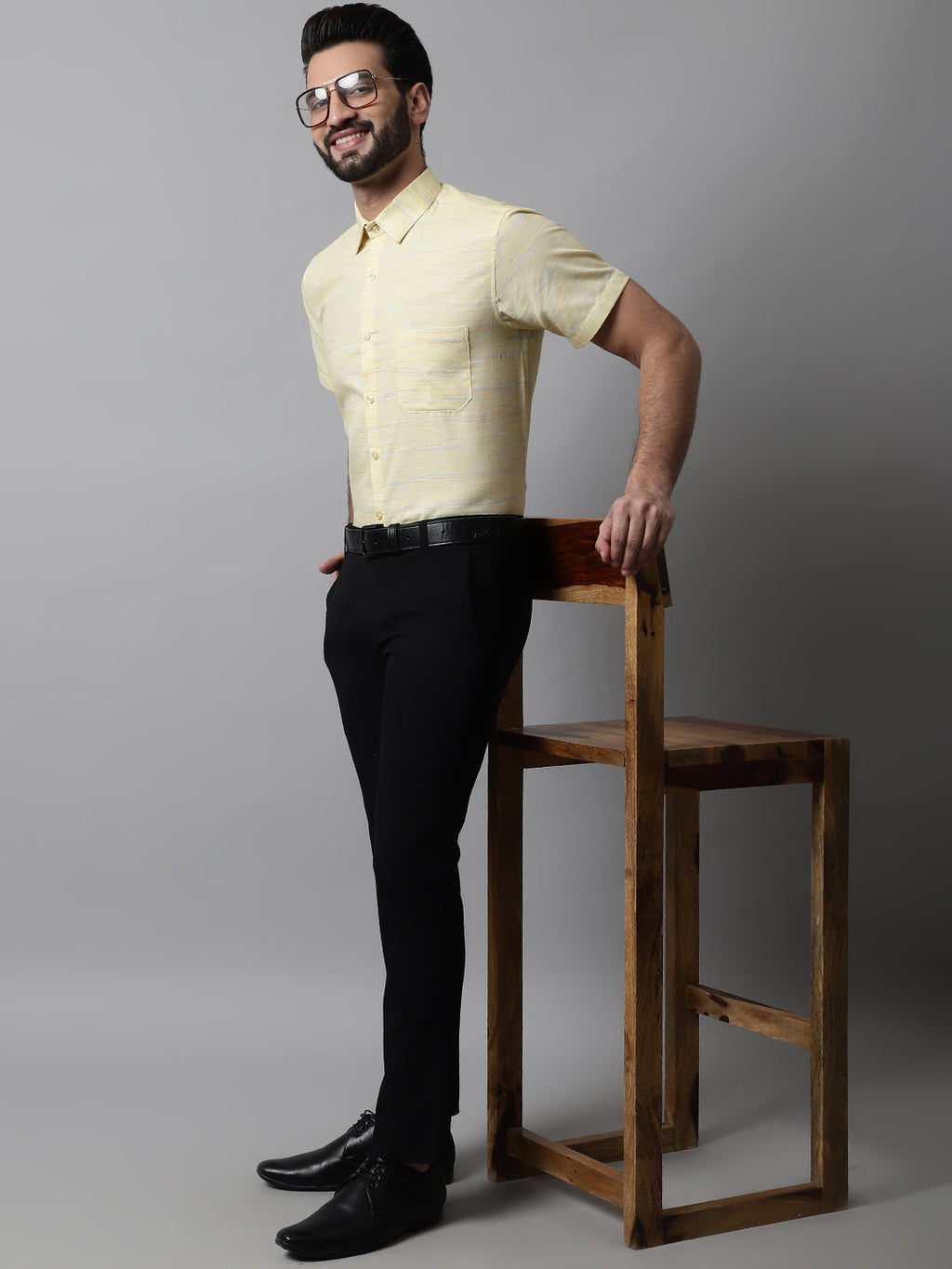 Jainish Men's Yellow Woven Design Short Sleeves Formal Shirt | Grocsy