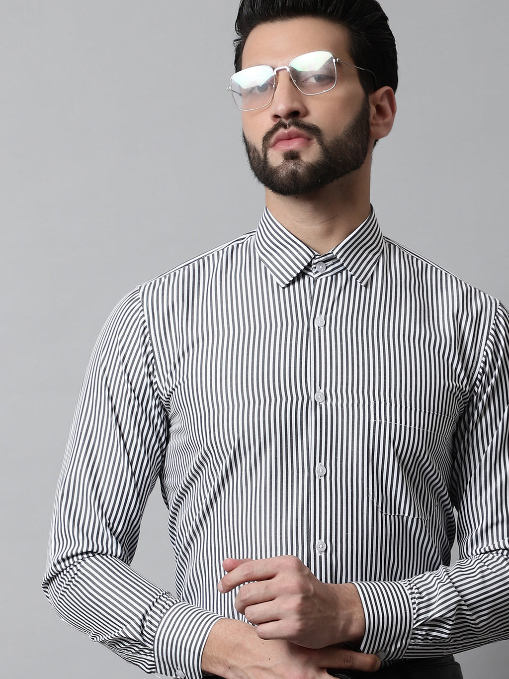 Jainish Men's Black & White Regular Fit Striped Formal Shirt | Grocsy