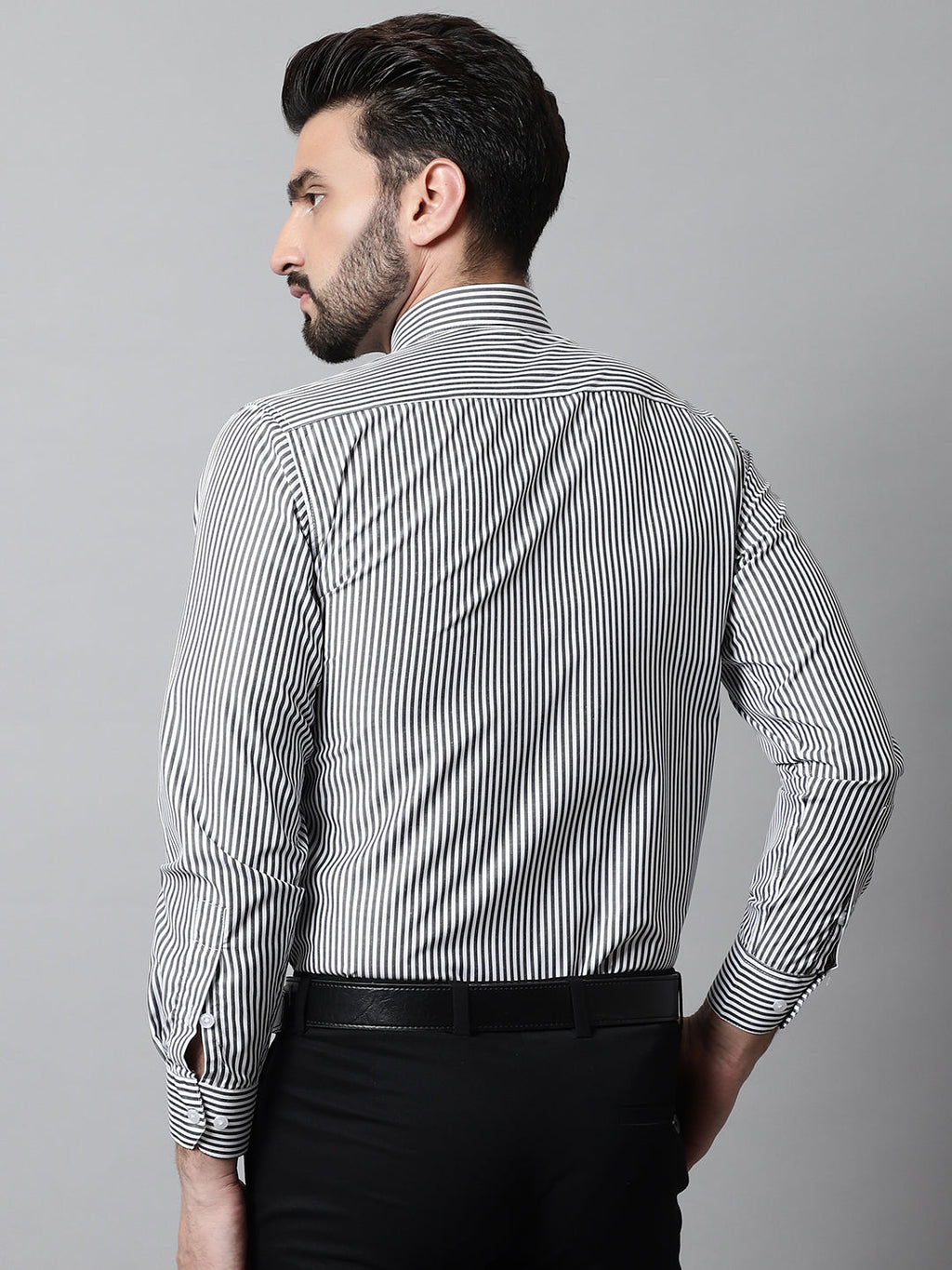 Jainish Men's Black & White Regular Fit Striped Formal Shirt | Grocsy
