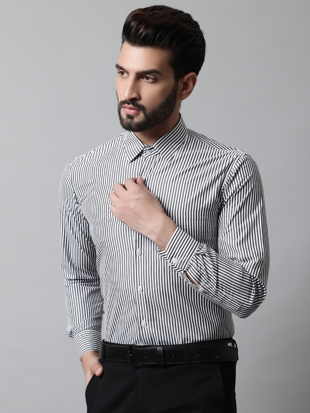 Jainish Men's Black & White Regular Fit Striped Formal Shirt | Grocsy