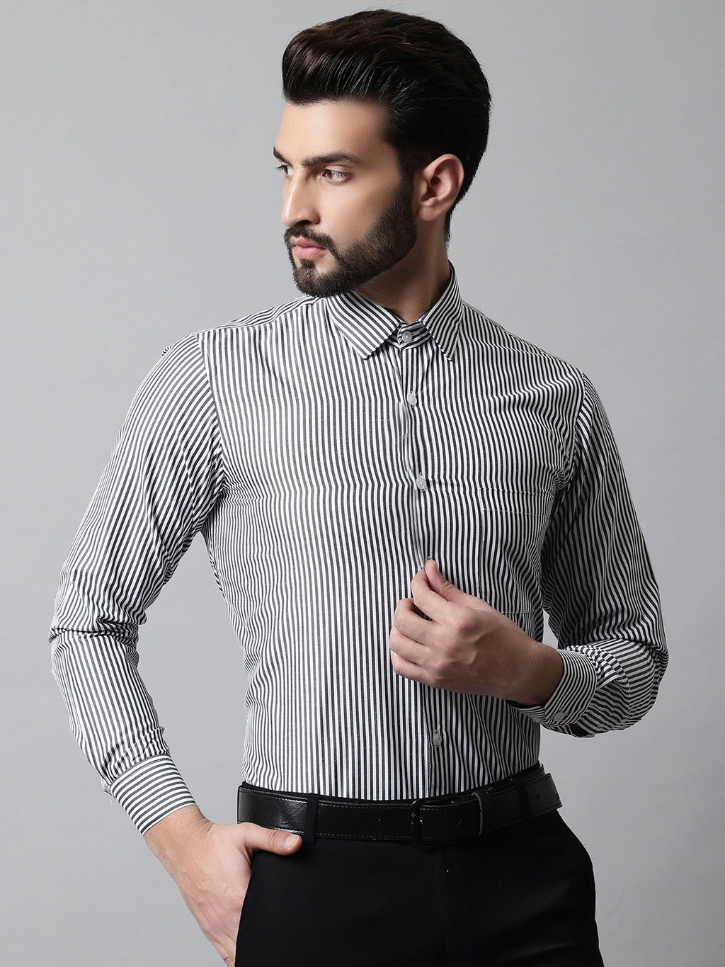 Jainish Men's Black & White Regular Fit Striped Formal Shirt | Grocsy