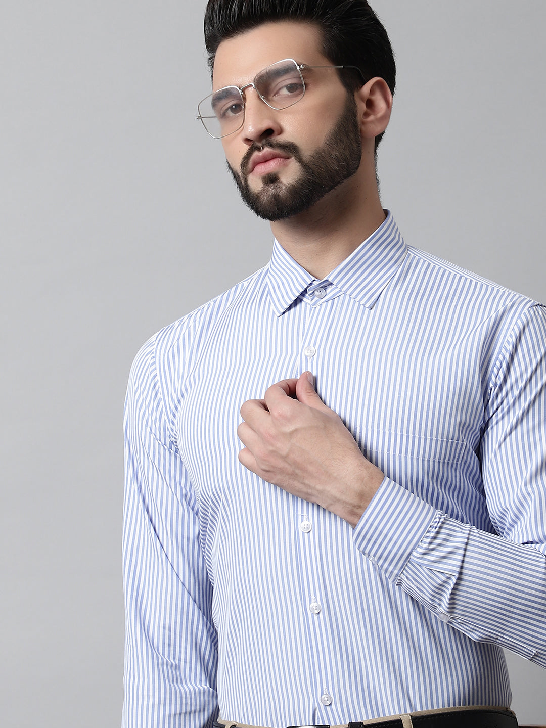 Jainish Men's Blue & White Regular Fit Striped Formal Shirt | Grocsy