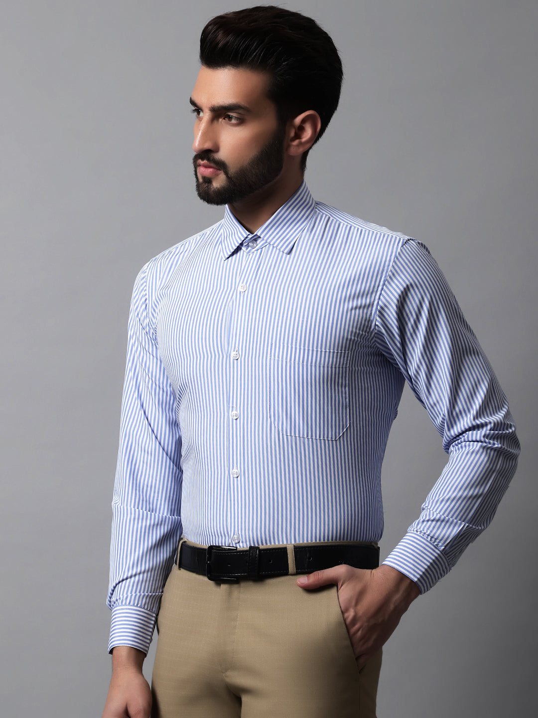 Jainish Men's Blue & White Regular Fit Striped Formal Shirt | Grocsy