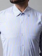 Jainish Men's Blue & White Regular Fit Striped Formal Shirt | Grocsy