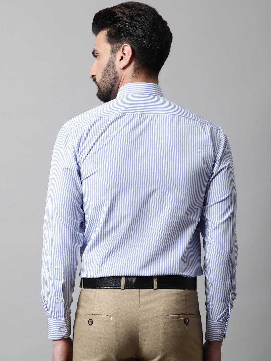 Jainish Men's Blue & White Regular Fit Striped Formal Shirt | Grocsy