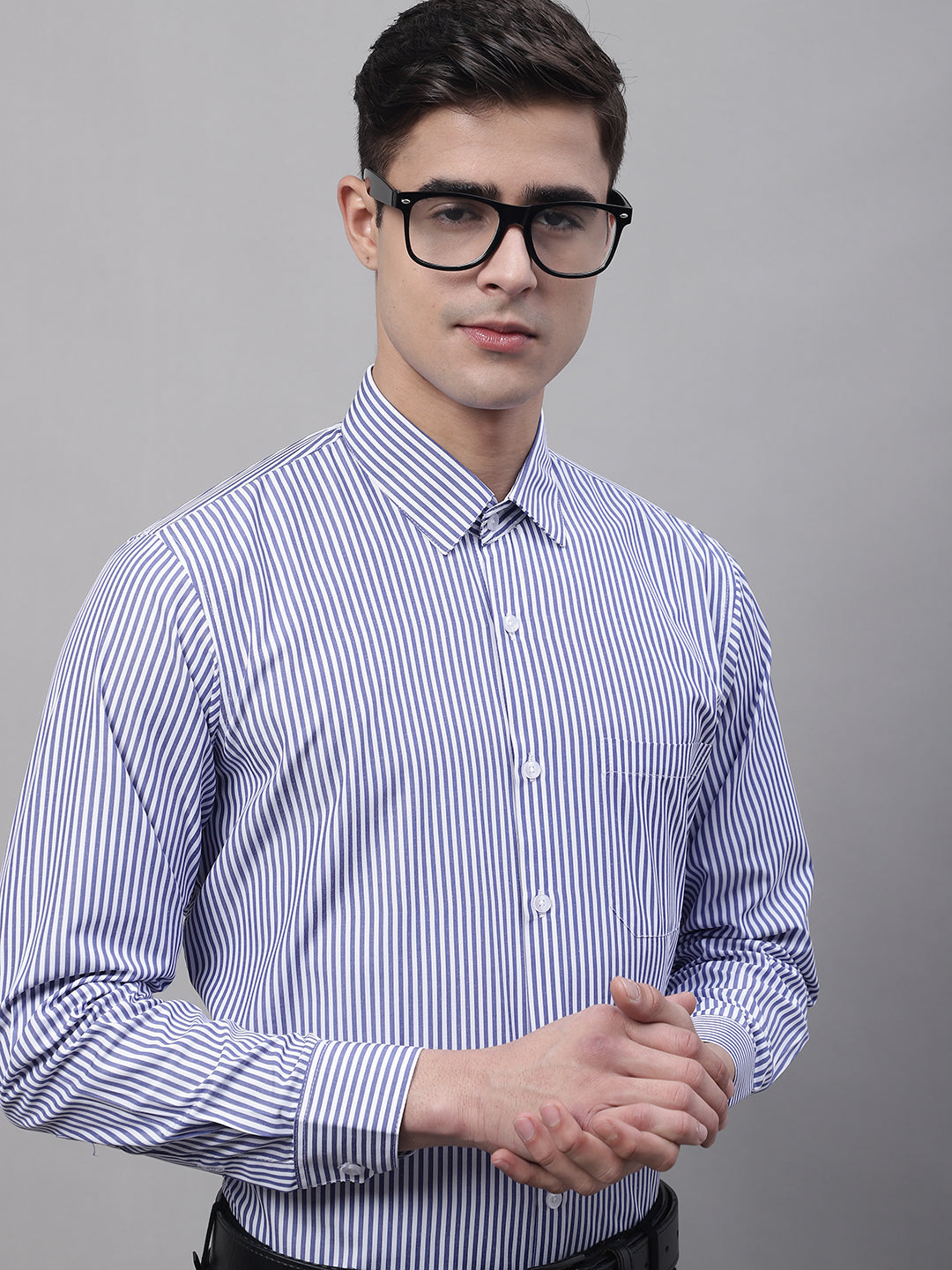Jainish Men's Navy Blue & White Regular Fit Striped Formal Shirt | Grocsy