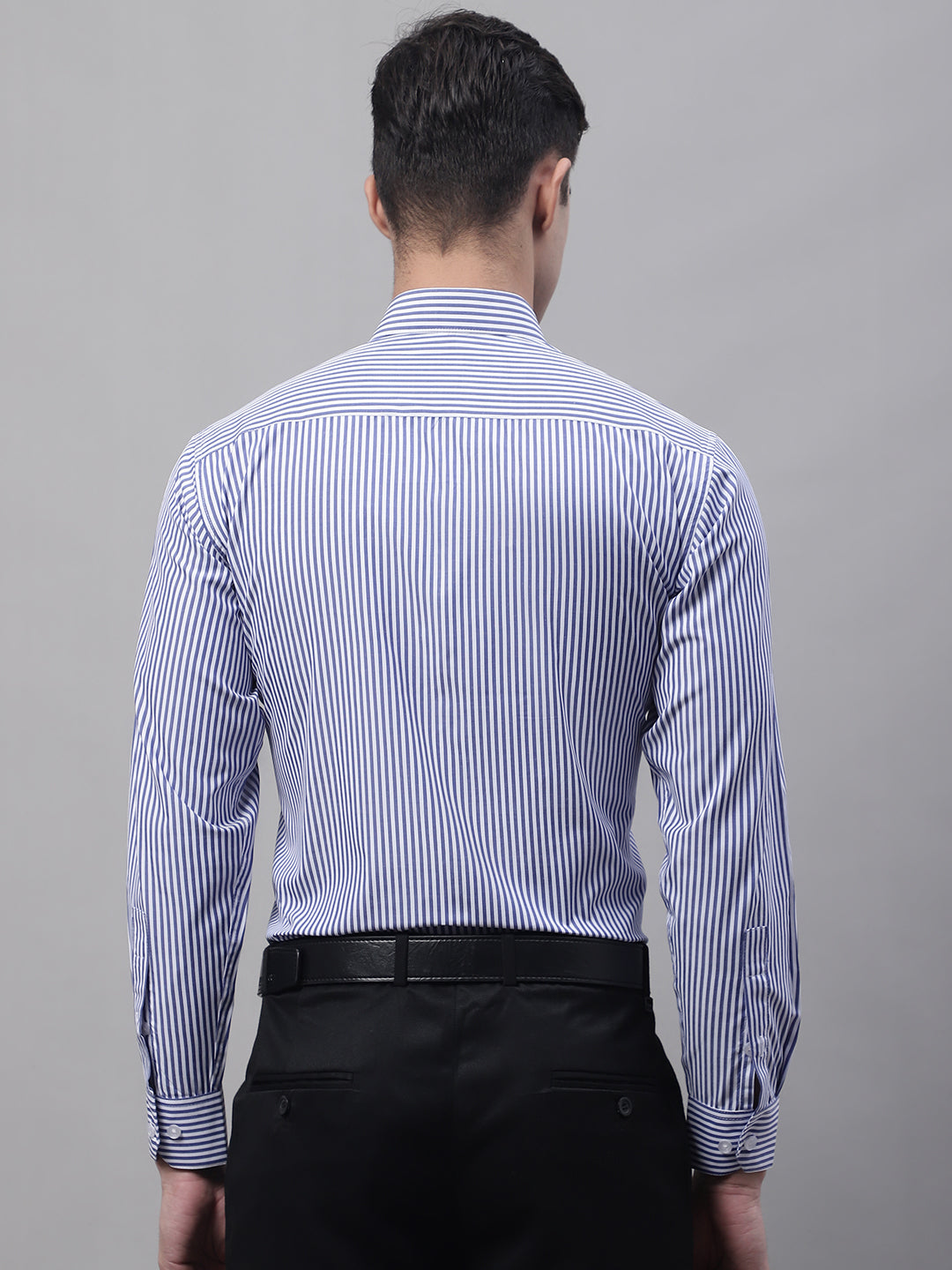 Jainish Men's Navy Blue & White Regular Fit Striped Formal Shirt | Grocsy