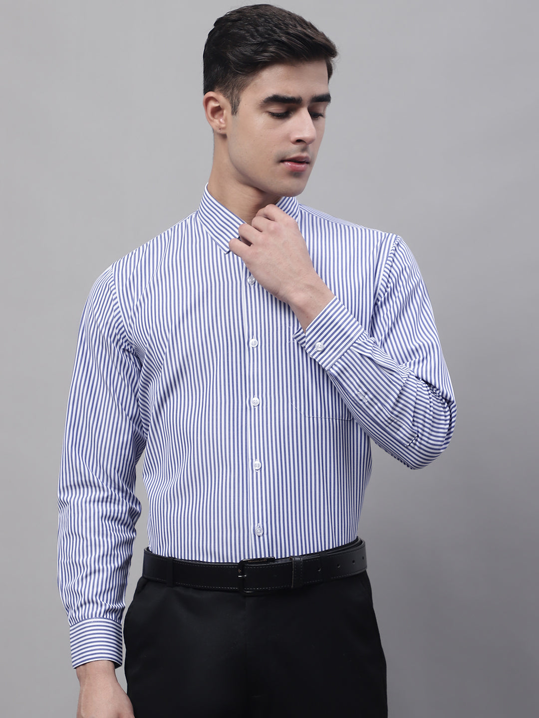 Jainish Men's Navy Blue & White Regular Fit Striped Formal Shirt | Grocsy