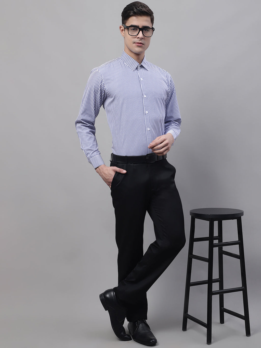 Jainish Men's Navy Blue & White Regular Fit Striped Formal Shirt | Grocsy