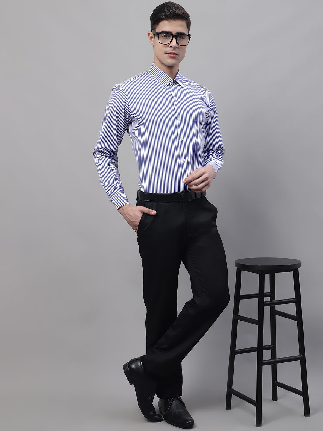 Jainish Men's Navy Blue & White Regular Fit Striped Formal Shirt | Grocsy