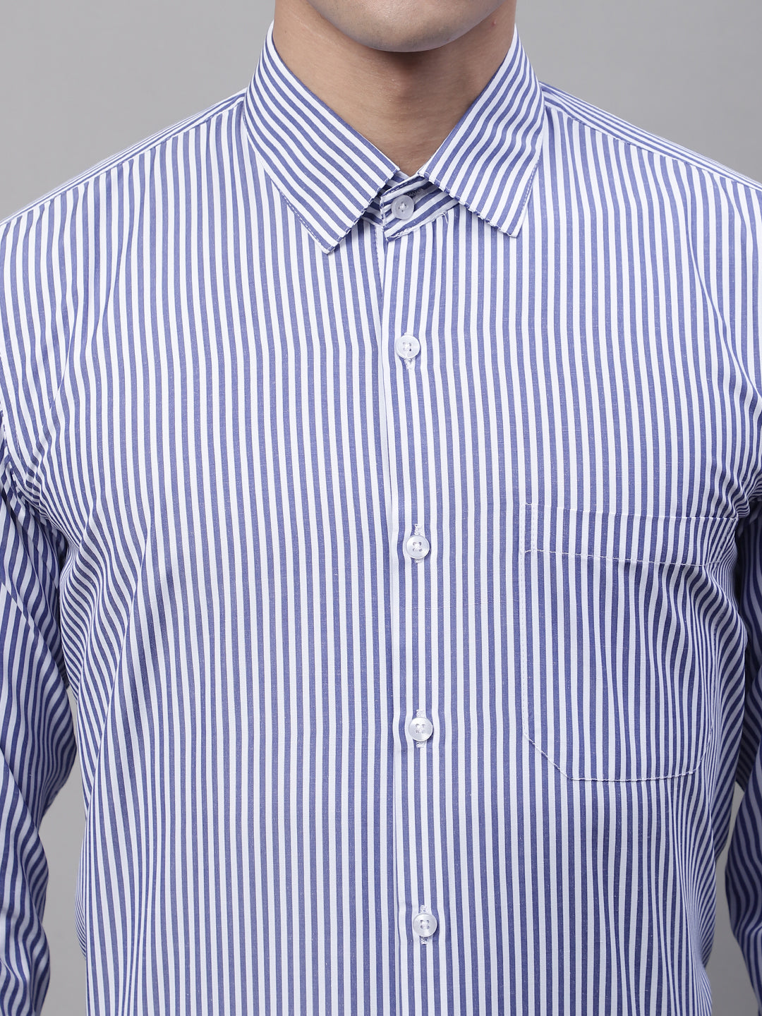 Jainish Men's Navy Blue & White Regular Fit Striped Formal Shirt | Grocsy