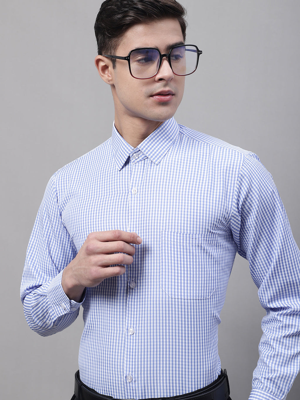 Jainish Men's Blue Micro Checked Formal Shirt | Grocsy
