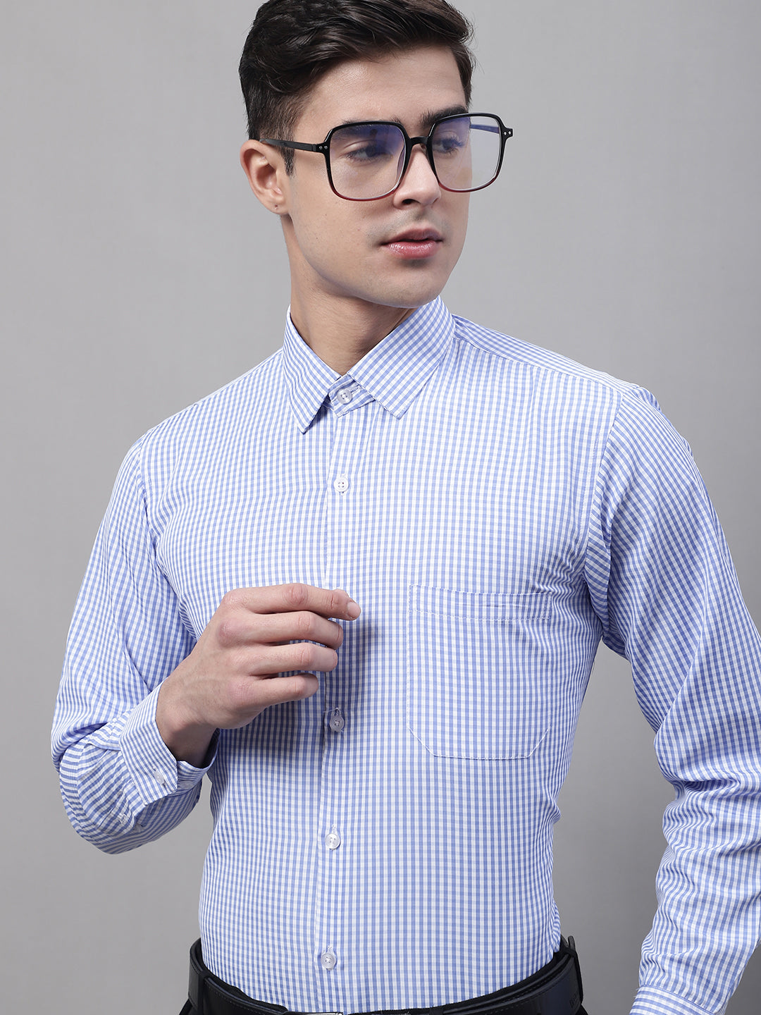 Jainish Men's Blue Micro Checked Formal Shirt | Grocsy