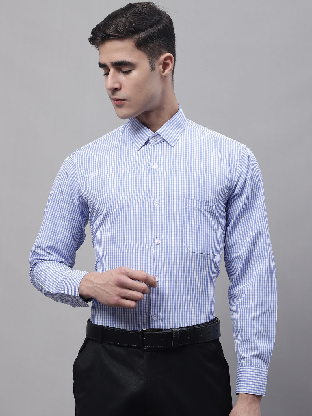 Jainish Men's Blue Micro Checked Formal Shirt | Grocsy
