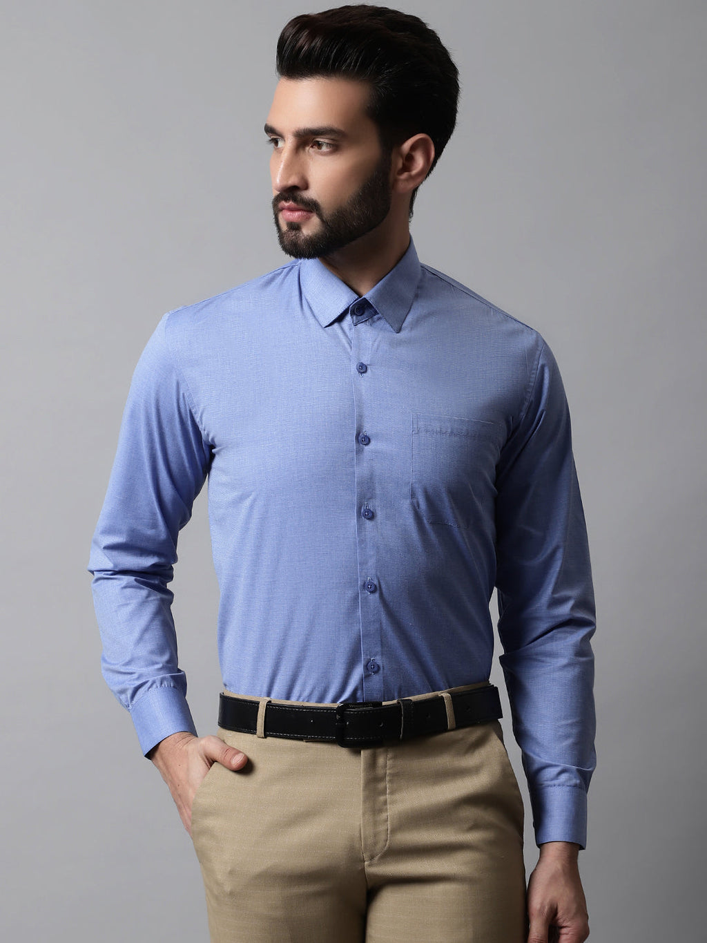 Jainish Men's Blue Classic Slim Fit Solid Formal Shirt | Grocsy