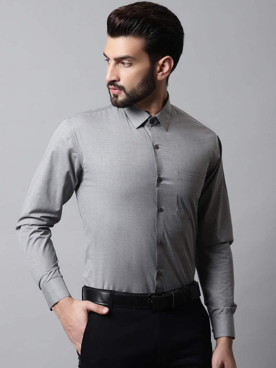 Jainish Men's Grey Classic Slim Fit Solid Formal Shirt | Grocsy