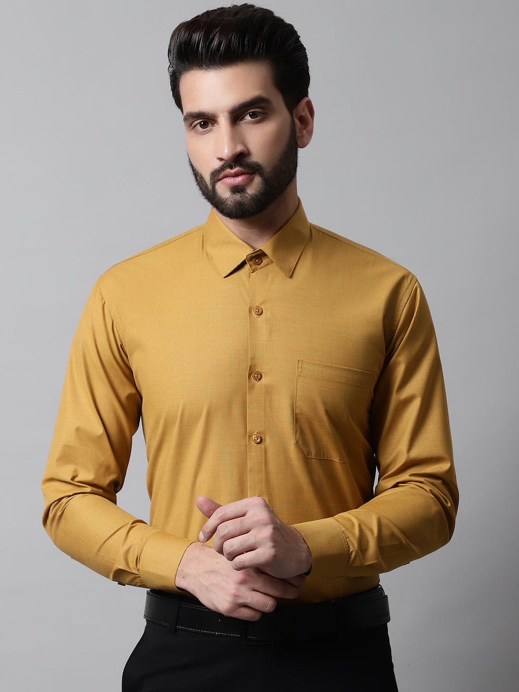 Jainish Men's Mustard Classic Slim Fit Solid Formal Shirt | Grocsy