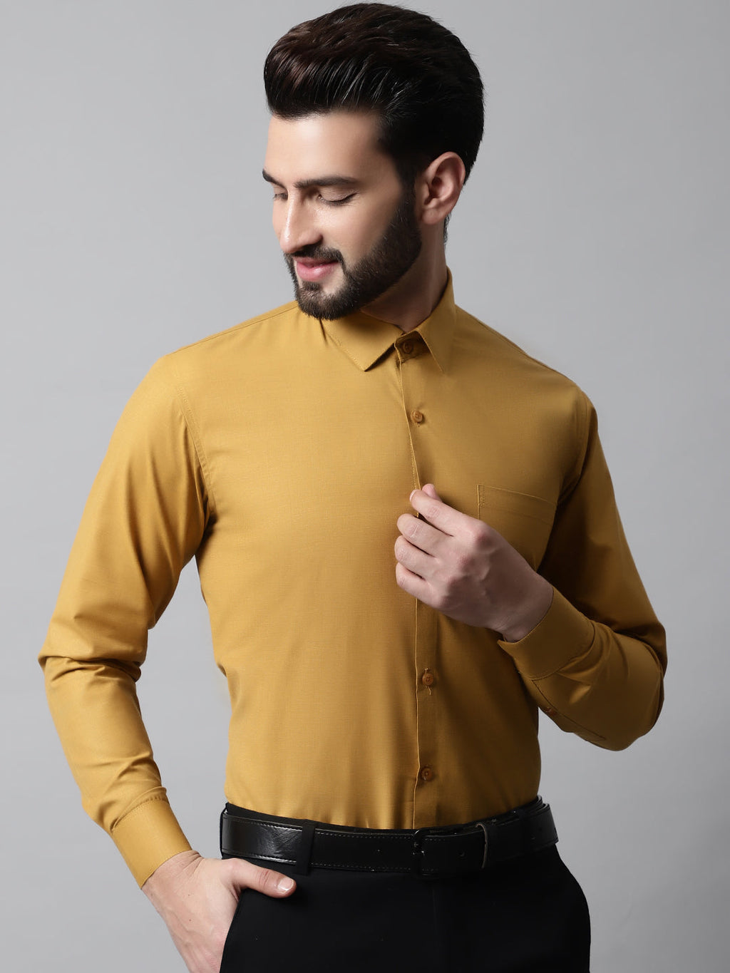 Jainish Men's Mustard Classic Slim Fit Solid Formal Shirt | Grocsy