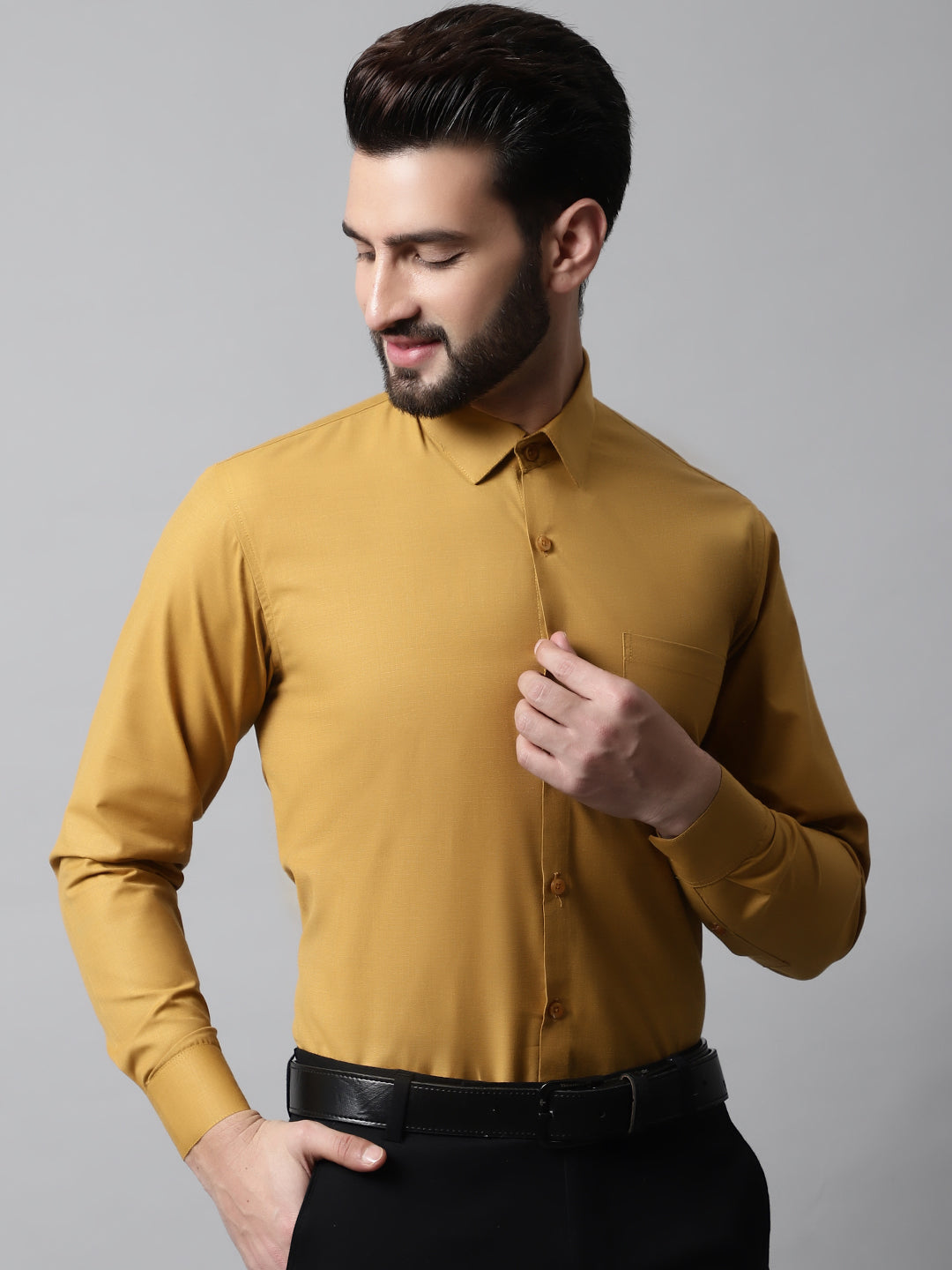 Jainish Men's Mustard Classic Slim Fit Solid Formal Shirt | Grocsy