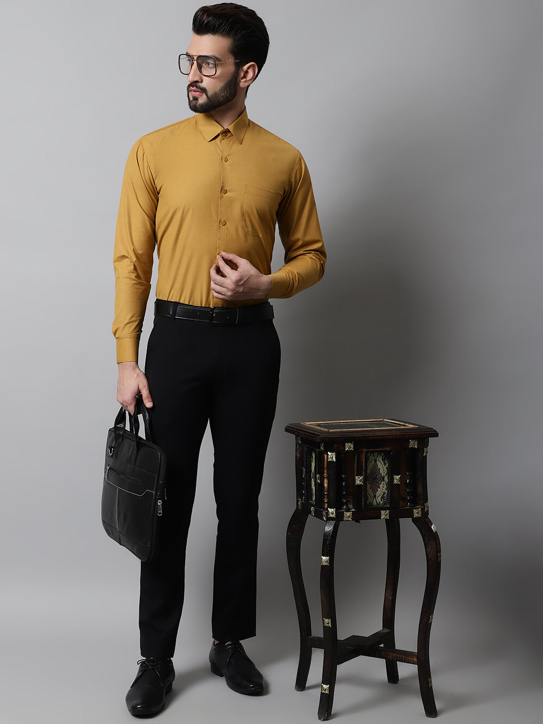 Jainish Men's Mustard Classic Slim Fit Solid Formal Shirt | Grocsy