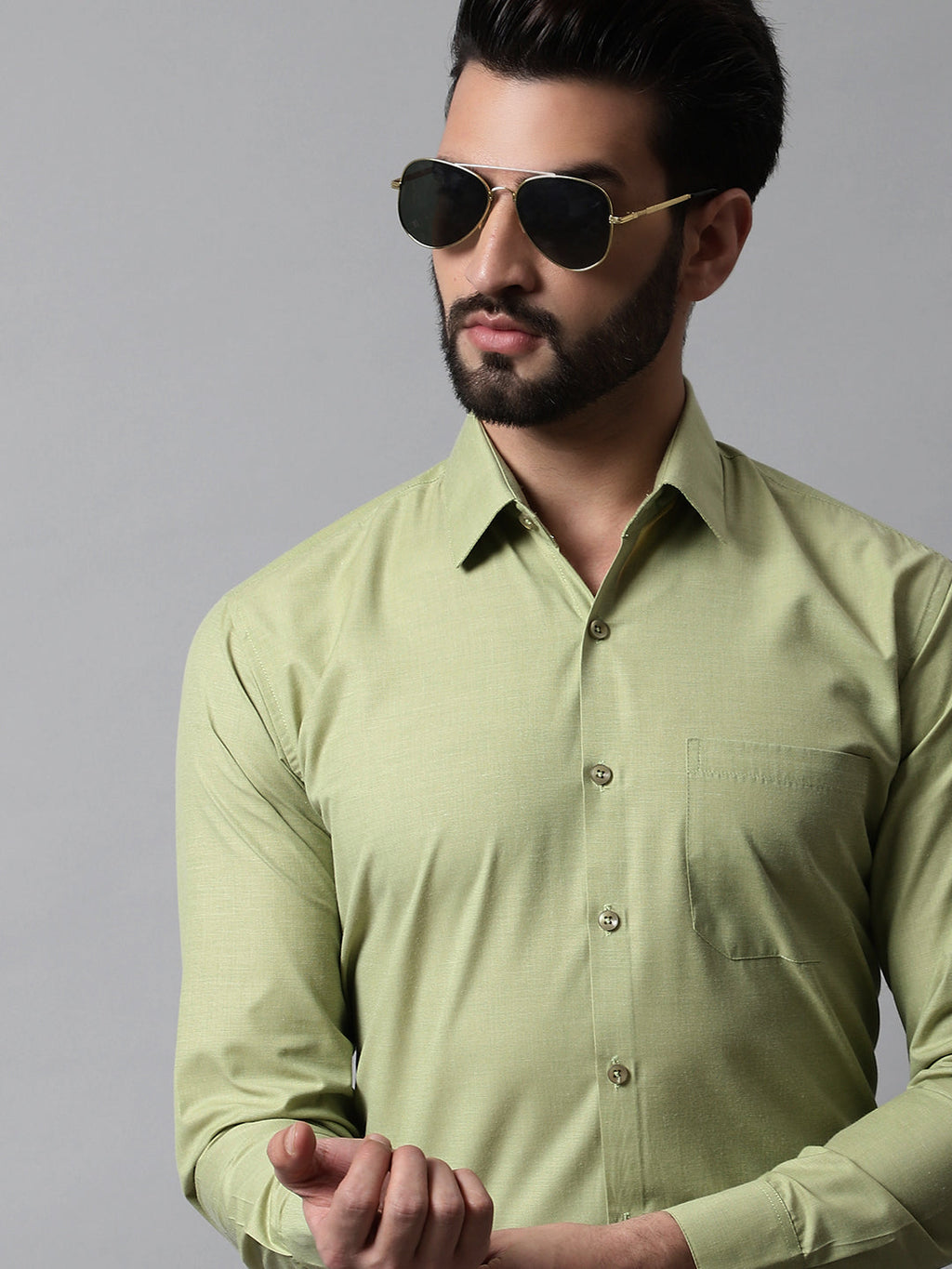 Jainish Men's Pista Green Classic Slim Fit Solid Formal Shirt | Grocsy