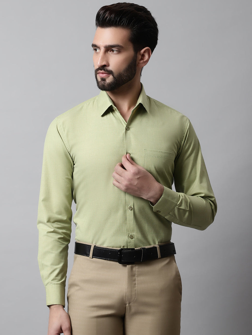 Jainish Men's Pista Green Classic Slim Fit Solid Formal Shirt | Grocsy