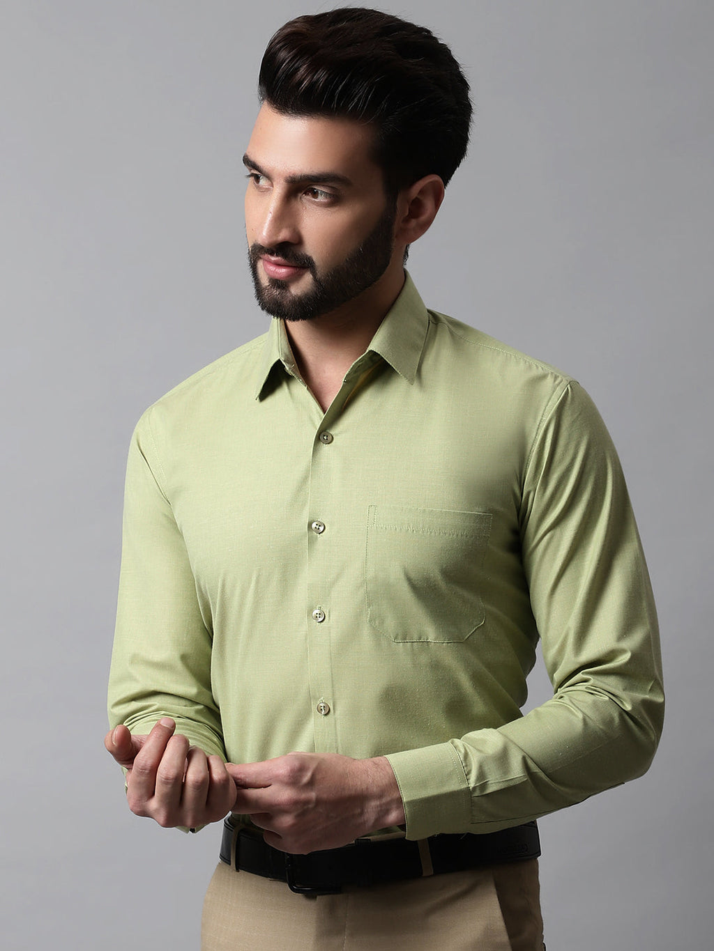 Jainish Men's Pista Green Classic Slim Fit Solid Formal Shirt | Grocsy