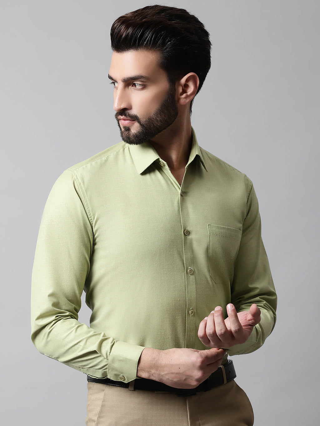 Jainish Men's Pista Green Classic Slim Fit Solid Formal Shirt | Grocsy
